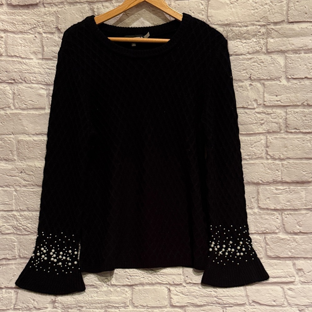 Karl Lagerfeld Elegant Black Knit sweater with Pearl sleeves